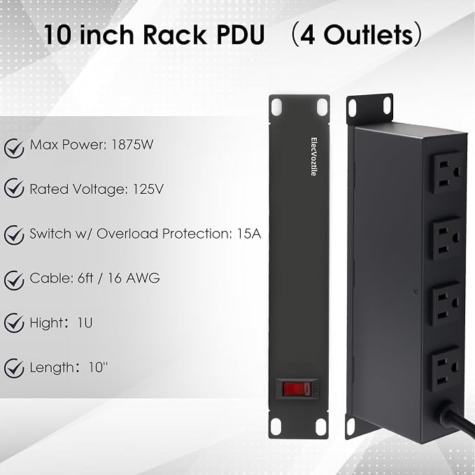 10 inch Rack PDU, 4 Rear Outlets, Surge Protected, Metal Case | Heavy Duty, 15A Overload Switch, 1U RackMount, Rear Power Cord, Fits 10-inch Mini Server Rack
