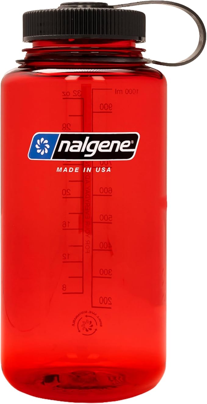 Nalgene 32 oz Wide Mouth Water Bottle, Red | BPA-Free, Durable & Lightweight, Leak Proof, Dishwasher Safe, Large Reusable Plastic Bottle for Hiking, Gym, Work & Travel