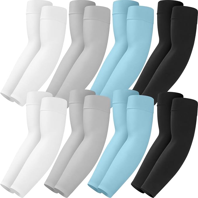 Mochabao 8 Pairs Soft Arm Sleeves, UV Sun Protection Cooling Compression Arm Covers for Outdoor Work, Sports, Men & Women