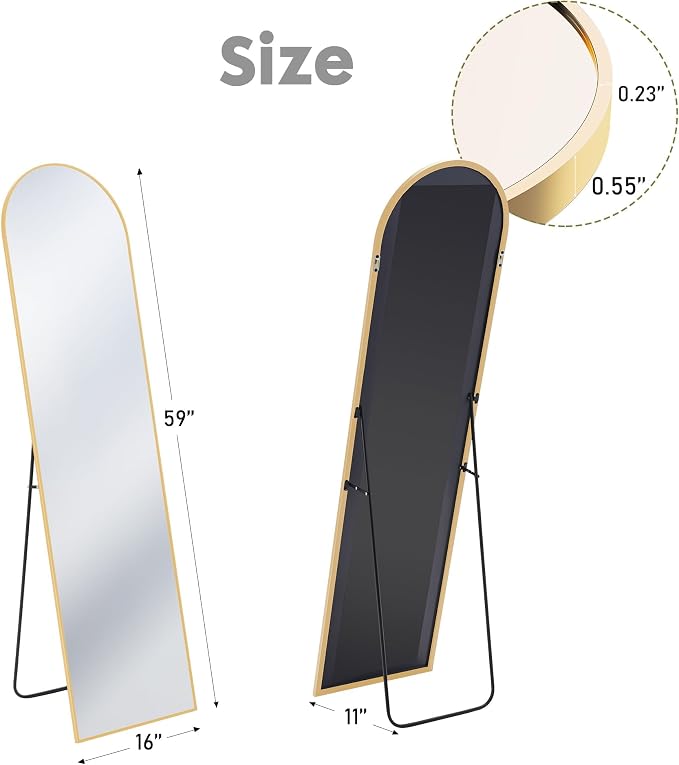 DUMOS 59"x16" Arched Full Length Floor Mirror, Full Body Standing Mirror with Aluminum Frame, Shatter-Proof Nano Glass for Modern Simple Home Decor, Hanging or Leaning, Gold