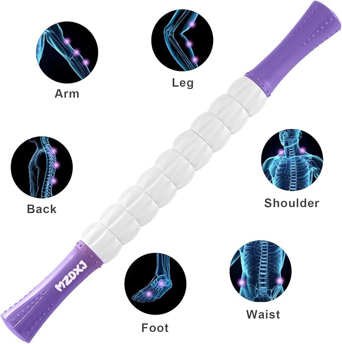Muscle Roller Massage Roller Stick- Deep Tissue Fascia Blaster for Myofascial Pain Relief, Lymphatic Drainage & Body Sculpting, Handheld Physical Therapy & Recovery Tool (Purple White)