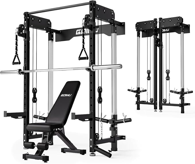 WM3-V4 Folding Squat Rack, Wall Mounted Power Rack with Dual Independent Pulley System, Functional Trainer with 5 Adjustable Function Modes for Space Saving