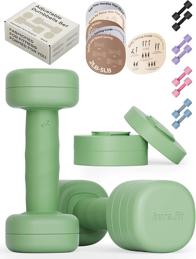 Adjustable Dumbbell Set｜2LB 3LB 4LB 5LB Light Hand Weights for Women｜One-Twist Weight Adjustment｜Non-Slip Curved Grip Handle｜Free Weights for Home Gym, Rehab, Pilates, Yoga, Strength Training