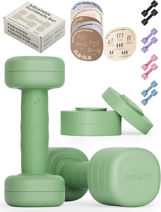 Adjustable Dumbbell Set｜2LB 3LB 4LB 5LB Light Hand Weights for Women｜One-Twist Weight Adjustment｜Non-Slip Curved Grip Handle｜Free Weights for Home Gym, Rehab, Pilates, Yoga, Strength Training