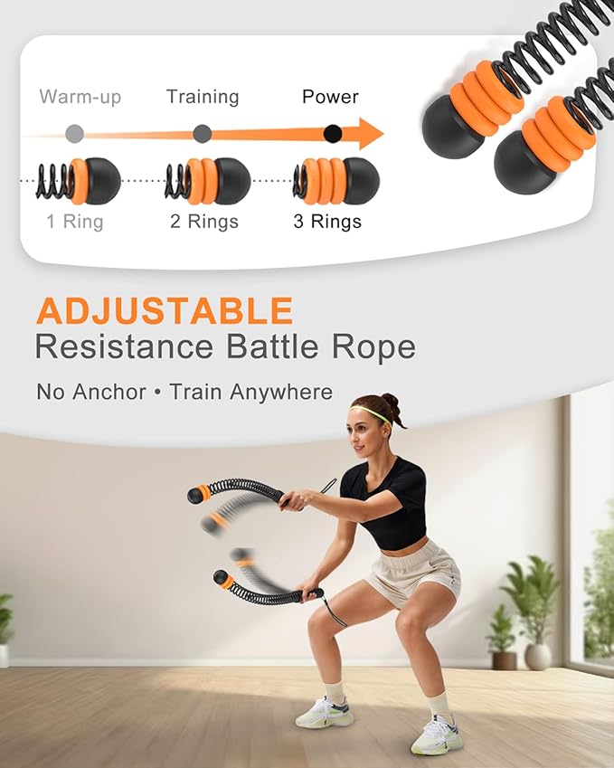 Adjustable Ropeless Battle Ropes,Home Gym Workout Equipment | with 6 Weight Rings, Heavy Duty Cordless Battle Rope for HIIT & Cardio Full-Body Workout, Non-Slip Spiral Handles