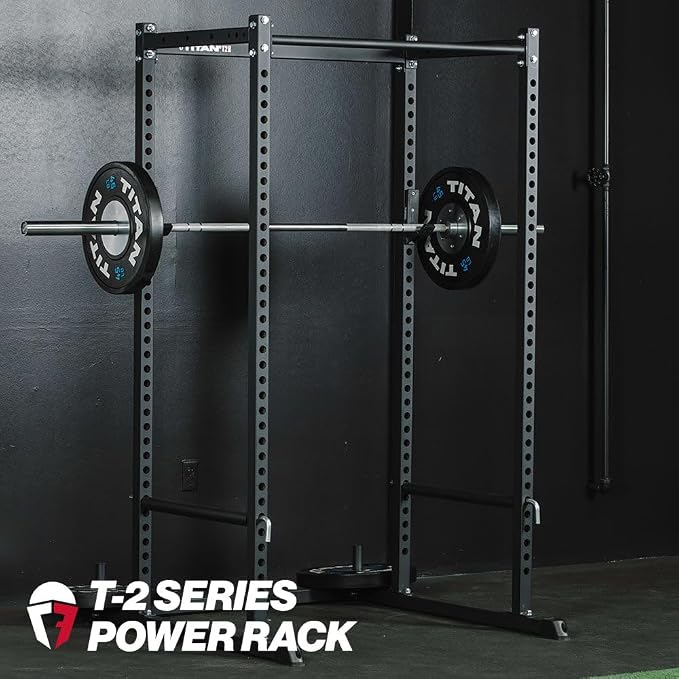 Titan Fitness T-2 Series Short Power Rack, Skinny Pull Up Bar, Pin and Pipe Safeties, Standard J-Hooks, for Home Garage Gym Weightlifting and Strength Training