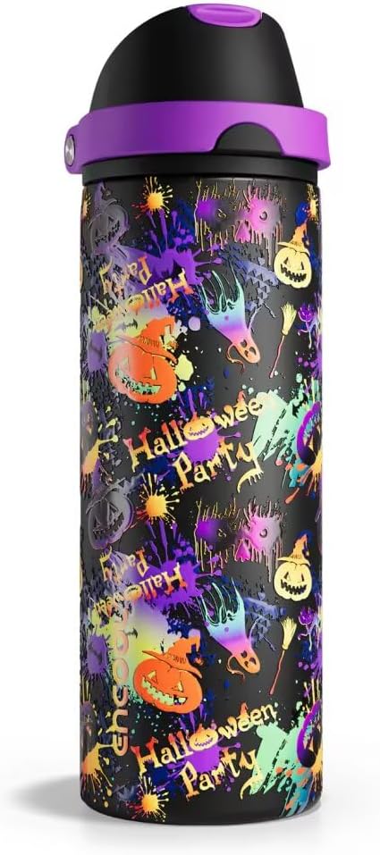 Insulated Water Bottle with Straw - Encool Stainless Steel Water Bottle with Push Button Lid, Leak-Proof & BPA-Free, Keeps Cold for 24 Hours for Sports, Travel, Gym (24 oz, Ghost Party)