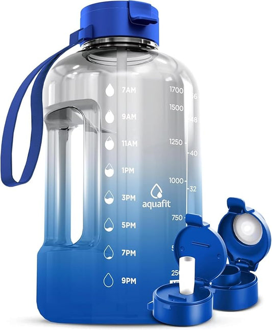 AQUAFIT Half Gallon Water Bottle with Time Marker | BPA Free Half Gallon Water Bottle with Straw and Chug Lids - Leakproof Gym Water Bottle with Carry Handle (Blue Skies)