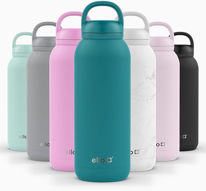Ello Cooper Twist 40oz Insulated Stainless Steel Chug Water Bottle, Antigua | Leakproof water bottle with chug lid and carry loop. BPA-free, keeps drinks cold 40 hours, great for gym, travel, and school.