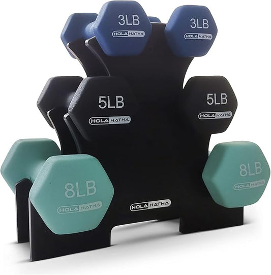 HolaHatha 1, 2 and 3 lb Neoprene Dumbbell Strength Training Weight Set with Rack