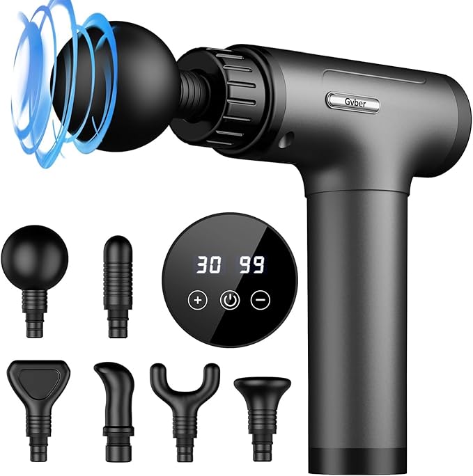 Gvber Massage Gun 30 Speed 6 Heads Percussion Muscle Pain Relief, Grey | Handheld Quiet Deep Tissue Back Massager Relieves Back, Neck, Shoulder, Leg & Foot for Athletes & Home Gym