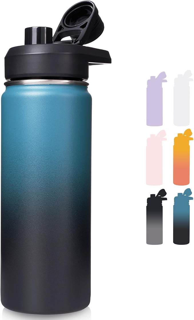 Fijinhom Insulated Water Bottle with Handle, 304 Stainless Steel Water Bottles with Wide Mouth, Double Wall Vacuum Sports Water Bottle, BPA Free, Keep Cold and Hot, 18 Ounces, Blue&Black