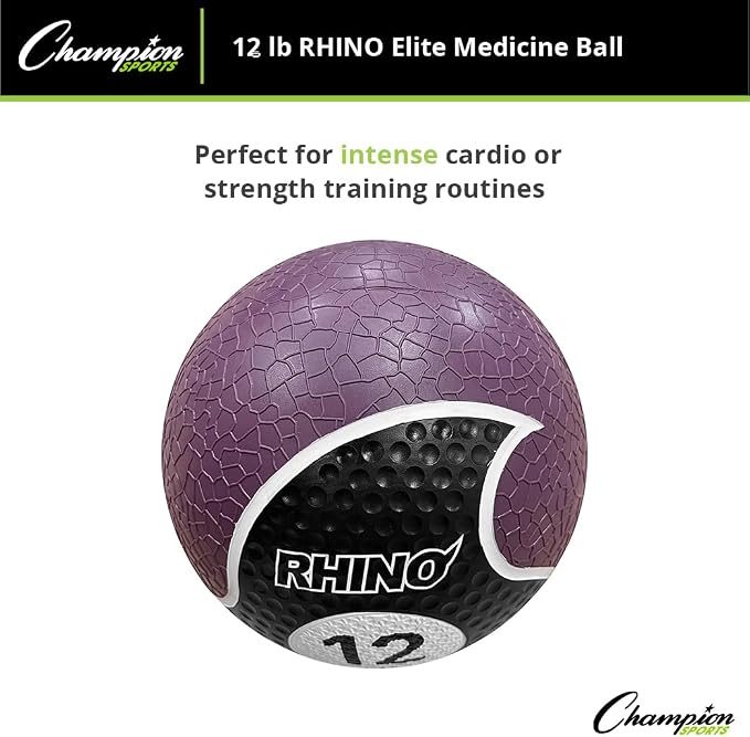 Champion Sports Rhino Elite Medicine Ball – Textured Surface, Superior Grip, Hollow Synthetic Rubber for Consistent Bounce & Durability, Multiple Weights & Colors - Optional Rebounder Sold Separately