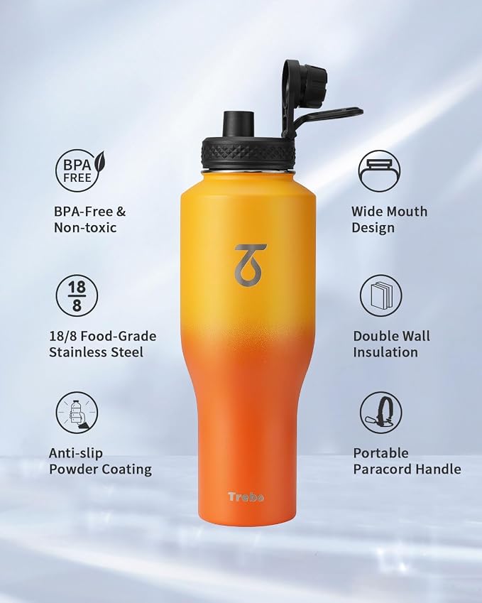 Trebo 40 oz Water Bottle Insulated Fit in Any Car Cup Holder with 2 Lids | Stainless Steel T-shape Tumbler with Paracord Handle, Triple Wall Vacuum Copper Plated, Cold 48 Hrs for Travel, Wide Mouth