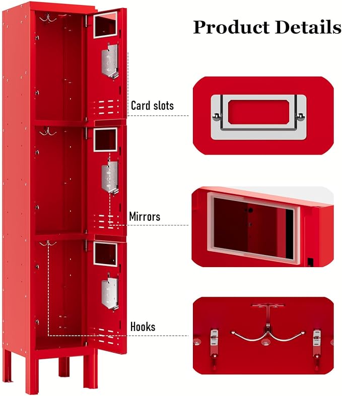 BUTISOW 3 Door Employee Metal Locker w/Card Slot for School Gym Office | Ventilated Metal Steel Locker with Mirror & Multi Hooks for Secure Storage