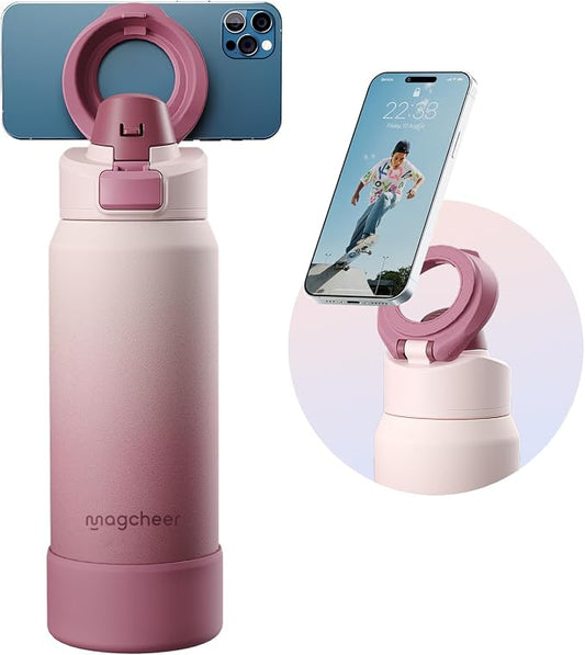 Insulated Magnetic Water Bottle - Reusable Stainless Steel Bottle with MagSafe Compatible Phone Holder - Perfect for Gym, Sports, and Travel - Blush Pink 32oz