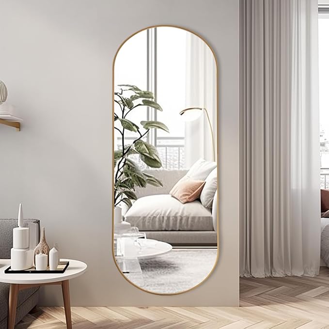 ZHUNFA Arched Full Length Floor Mirror, 65x 22 Oval Mirror with Metal Frame | Large Wall Mounted Arched-Top Body for Living Room, Bedroom, Bathroom, Entryway, Dressing Room, Gold