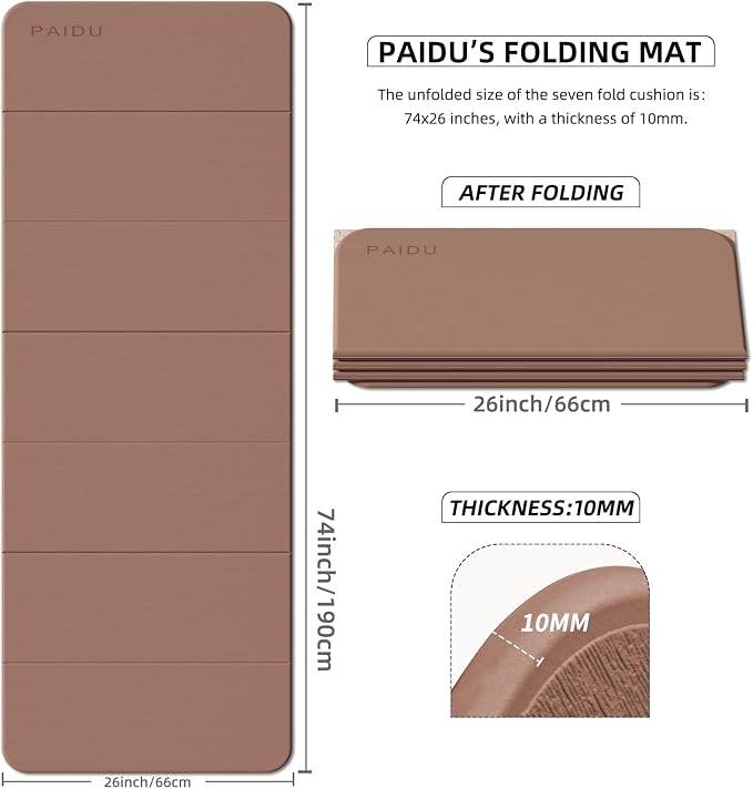 PAIDU Foldable Fitness Yoga Mat | 2/5" (10MM) Extra Thick | SGS Certified Non-Slip TPE | 75x26" Extra Long-Wide | Portable & Easy Store | for Yoga, Pilates, Home Gym & Full-Body Workouts