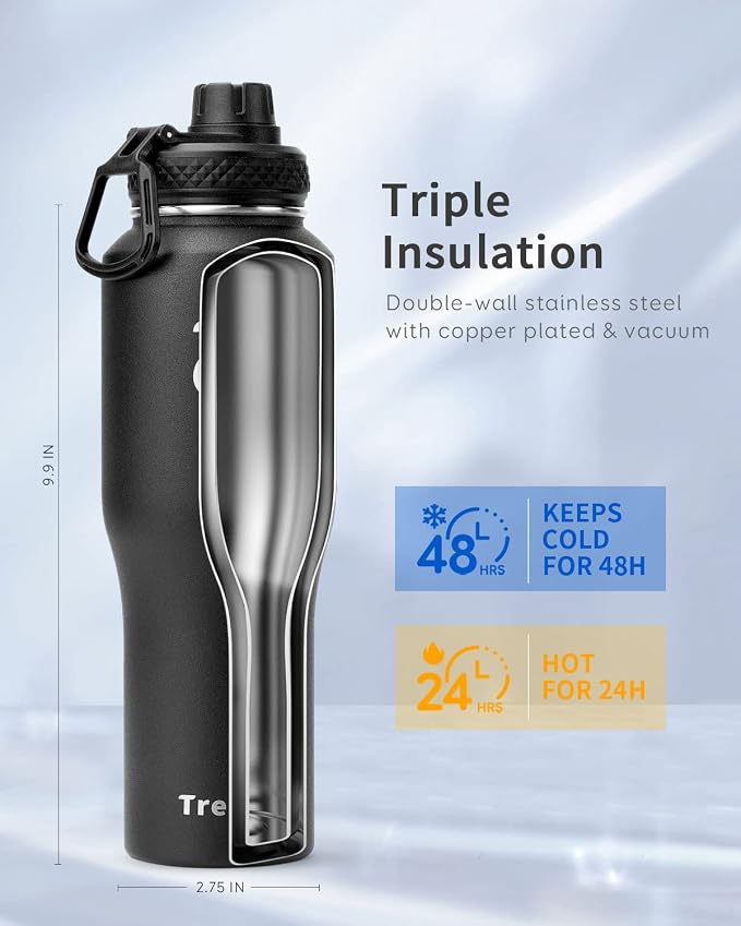 Trebo 32 oz Water Bottle Insulated Fits in Any Car Cup Holder with 2 Lids | Stainless Steel T-shape Tumbler with Paracord Handle, Triple Wall Vacuum Copper Plated, Cold 48 Hrs for Travel, Leakproof
