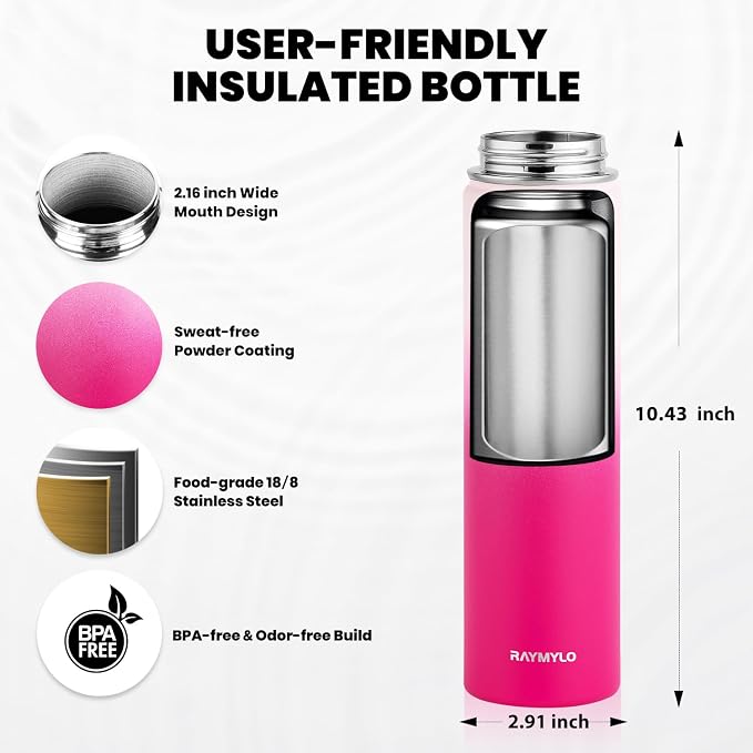 RAYMYLO Insulated Water Bottle 24 oz, Triple Wall Vacuum Stainless Steel | (Cold for 24Hrs, Hot for 12Hrs), Leak Proof & Non-BPA, Modern Water Flask Jug with Paracord Handle & Straw Spout Lids