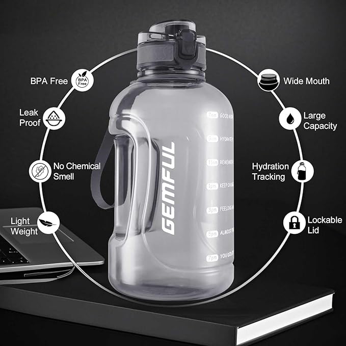 GEMFUL 2 Liter Water Bottle with Time Marker 64oz Motivational Jug (Grey) | BPA-Free, Big Capacity, Motivational , No Straw, Chug Lid, for Gym, Fitness, Hiking, Camping, Office, Travel, Women, Men