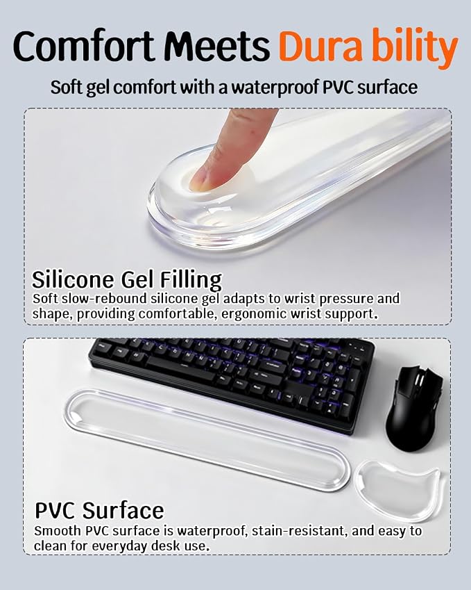 Clear Gel Keyboard Wrist Rest with Mouse Pad Wrist Support, Ergonomic Wrist Rest for Computer Keyboard and Mouse, Non-Slip Cooling Keyboard Pad for Office, Gaming & Laptop (Clear)