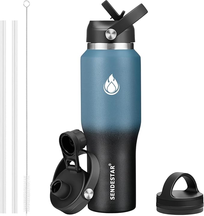 SENDESTAR 40oz Stainless Steel Water Bottle(Cold for 48 Hrs, Hot for 24 Hrs),Double Wall Vacuum Insulated Bottle with Straw Lid, Spout Lid and Flex Cap, Fit in Any Car Cup Holder，Cyanotic B