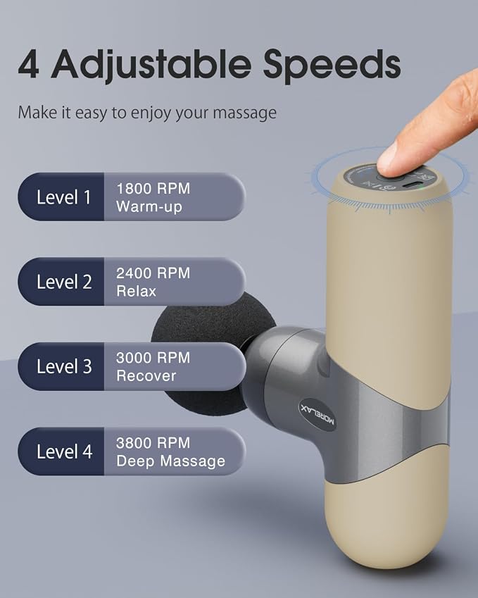 Morelax Mini Massage Gun Deep Tissue, Portable Percussion Muscle Massager for Whole Body Pain Relief, Electric Handheld Sport Massager with 6 Massage Heads 4 Speed, Best Gift (Silver Beige)