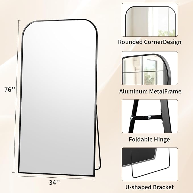 Oversized Full Length Mirror 76"x34" Arched Floor Standing Mirror | Large Full Body Mirrors with Stand - with Aluminum Frame for Bedroom Living Room, Black