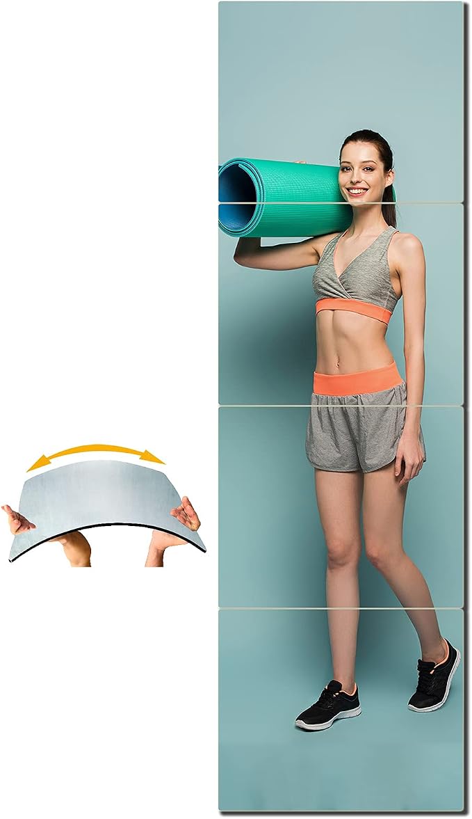 Shatterproof Full Length Mirror Tiles, Mirror for Wall, Full Body Mirrors for Kids, Thick 0.125", 4 Pcs 16"x16", Made of Frameless Plexiglass Acrylic Plastic, Wall Mounted for Home Gym, Door, Bedroom