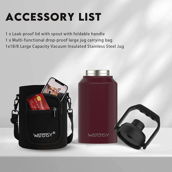 WATERSY 2/3 Gallon Water Bottle Insulated(Cold for 48 Hrs),BPA Free&Leak Proof,87oz Stainless Steel Water Jug/Flask,Big thermo,Large Water Bottle with Handle for Gym,Hiking,Camping,Brick Red