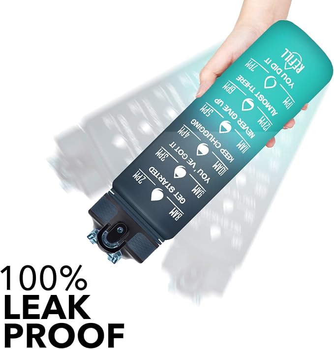 Hyeta Water Bottle with Straw & Time Marker, Plastic 32oz Leakproof | Motivational Tritan BPA Free Gym Office Outdoor Intake Tracker Hourly Reminder Straw Lid Carry Strap