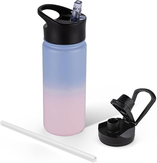 16 oz Insulated Water Bottle for School, Straw & Spout Lid, Keep Cold 24H, Spill Proof, BPA-Free, Double Wall Stainless Steel Kids Water Bottles for Sports, Gym, Travel, Pink Blue Gradient