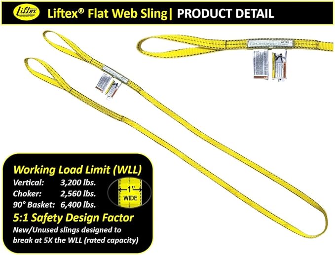 LIFTEX® - Trusted Since 1955 | Polyester Flat Eye Lifting Sling | 1-4" Widths, 3-30' Lengths, 2-Ply | Lifting Rigging Moving Hoisting Straps (1" 2-Ply Flat Eye | 3200 lbs Vertical, 5 FEET)