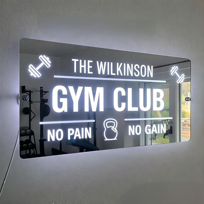 Large Custom LED GYM Sign, Handmade Persoanlized 3D Mirror Gym Dumbbell Barbell Light Sign for Home, Light up Sign for Man Cave, Garage Gym & Fitness Room Sport Workout Room