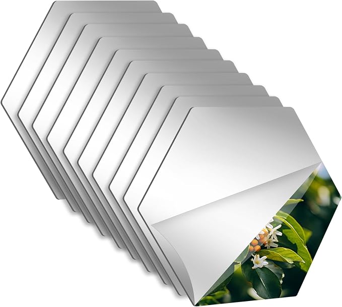 Hexagon Self Adhesive Peel and Stick Stick on Acrylic Mirror for Wall | Small Mirrors Tiles 11.8x11.8 Inch 10PCS, Flexible Unbreakable Full Length Mirror for Bathroom Gym Home Door Decor