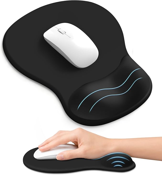 Ergonomic Mouse Pad with Wrist Rest, Gel Wrist Support, Black | 10.2 x 7.6 in Mouse Pad with Smooth Fabric Surface and Non-Slip Rubber Base for Office, Home, Study, and Gaming