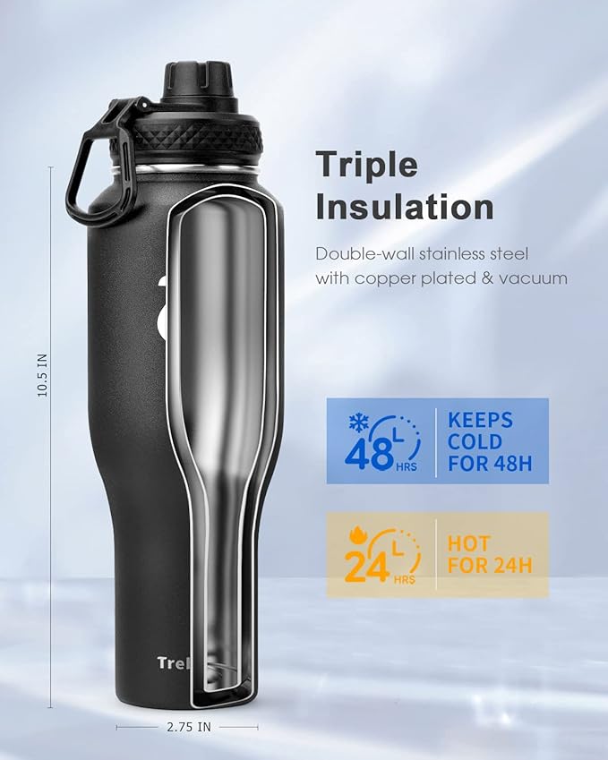 Trebo 40 oz Water Bottle Insulated Fit in Any Car Cup Holder with 2 Lids | Stainless Steel T-shape Tumbler with Paracord Handle, Triple Wall Vacuum Copper Plated, Cold 48 Hrs for Travel, Wide Mouth