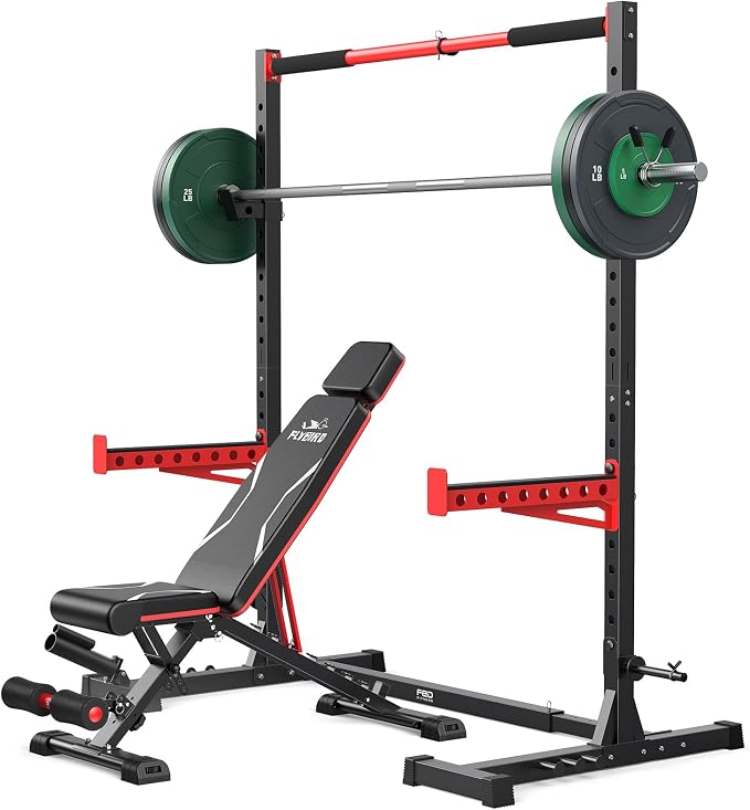 FLYBIRD SR1 Squat Rack, Adjustable Power Rack for 6FT/7FT Barbells | Squat Rack for Home Gyms with Pull-Up Bar,22 Adjustment Positions, J-Hooks and Safety Spotter Arms w/ 110/180LBS Home Package