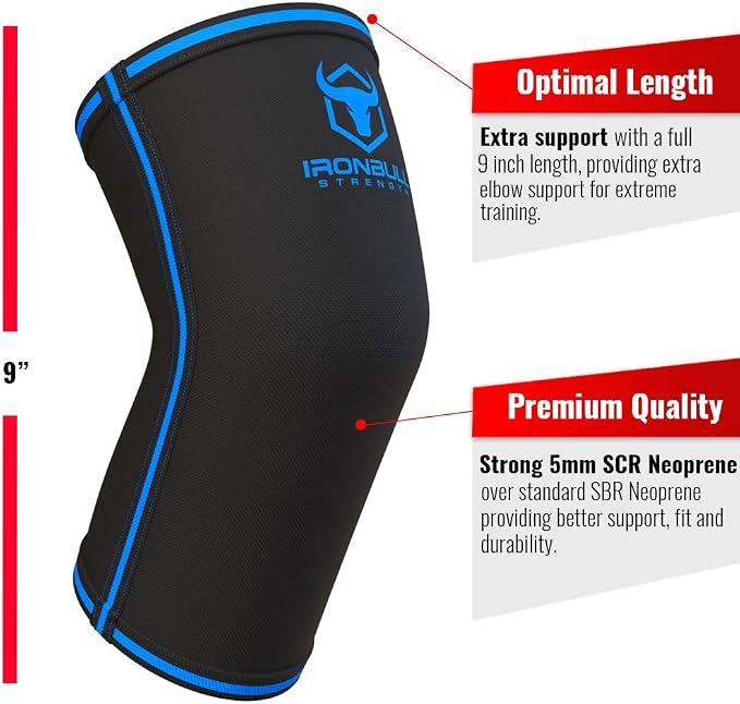 Elbow Sleeves 5mm (1 Pair) - High Performance Elbow Sleeve Support for Weightlifting, Weight Training & Powerlifting - Best Compression Straps - for Men and Women (Large, Black/Blue)