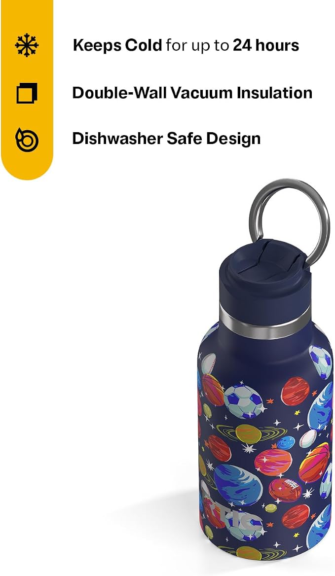 RTIC Little Journey Water Bottle with Straw, Ceramic-Lined, Insulated, Stainless Steel, Metal, Double Wall Vacuum-Insulation, Leak-Proof Lid, BPA-Free Water Flask for Sports, Travel, Space Games