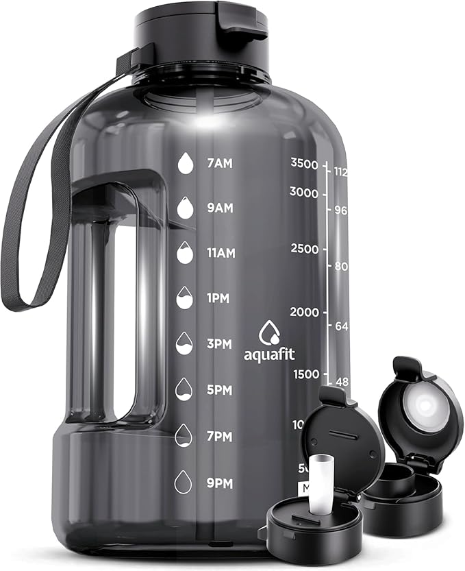 AQUAFIT 1 Gallon Water Bottle with Time Marker | BPA Free 128 oz Water Bottle with Straw and Chug Lids - Leakproof Gym Water Bottle with Carry Handle (Gray)