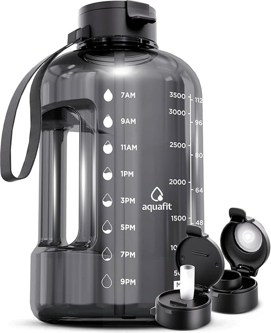 AQUAFIT 1 Gallon Water Bottle with Time Marker | BPA Free 128 oz Water Bottle with Straw and Chug Lids - Leakproof Gym Water Bottle with Carry Handle (Gray)