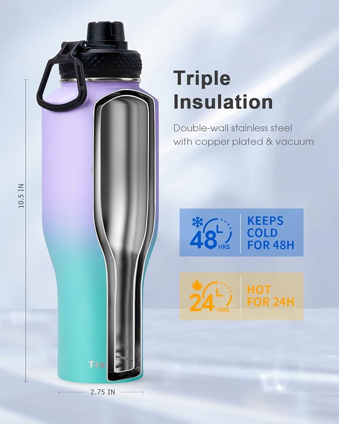 Trebo 40 oz Water Bottle Insulated Fit in Any Car Cup Holder with 2 Lids | Stainless Steel T-shape Tumbler with Paracord Handle, Triple Wall Vacuum Copper Plated, Cold 48 Hrs for Travel, Wide Mouth