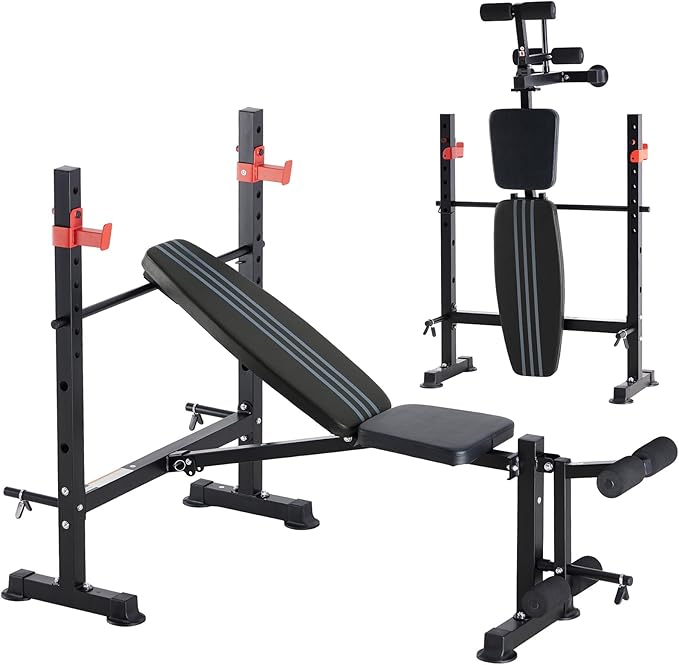 OLIXIS Adjustable Weight Bench Set with Rack, 650 LBS Capacity Heavy Duty Foldable Bench Press Set with Leg Extension Curl, Easy Assembly Strength Training Workout Set for Garage, Home, Gym