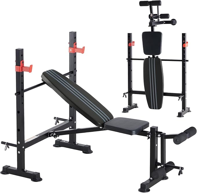 DUMOS Adjustable Weight Bench Set with Rack, 650LBS Foldable Bench Press | Easy Assembly Workout Set with Leg Extension Curl, for Indoor Exercise Home Gym