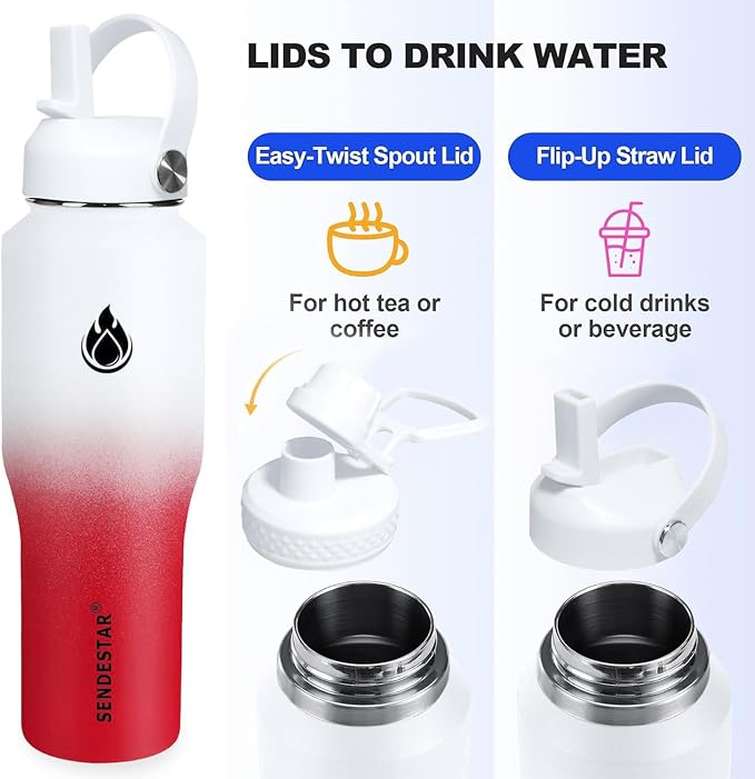 SENDESTAR 32oz Water Bottle Wide Mouth Stainless Steel Vacuum Insulated Double Wall with 2 Straw Lids Fit in Any Car Cup Holder
