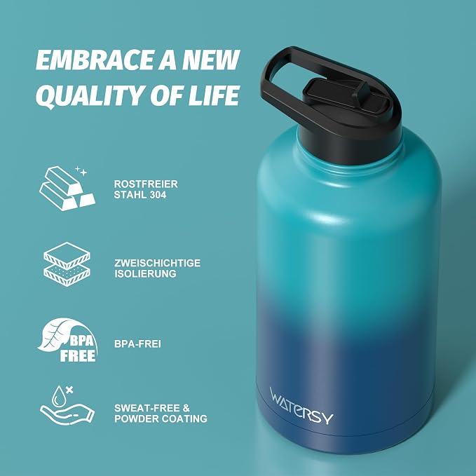 64oz Insulated Water Bottle (Cold for 48 Hrs),BPA Free&Leak Proof,Half Gallon Stainless Steel Water Flask,Water Jug with Straw Spout Lids for Gym,Hiking,Camping,Gradient Blue