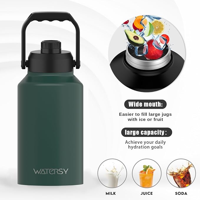 WATERSY 2/3 Gallon Water Bottle Insulated(Cold for 48 Hrs),BPA Free&Leak Proof,87oz Stainless Steel Water Jug/Flask,Big thermo,Large Water Bottle with Handle for Gym,Hiking,Camping,Dark Green
