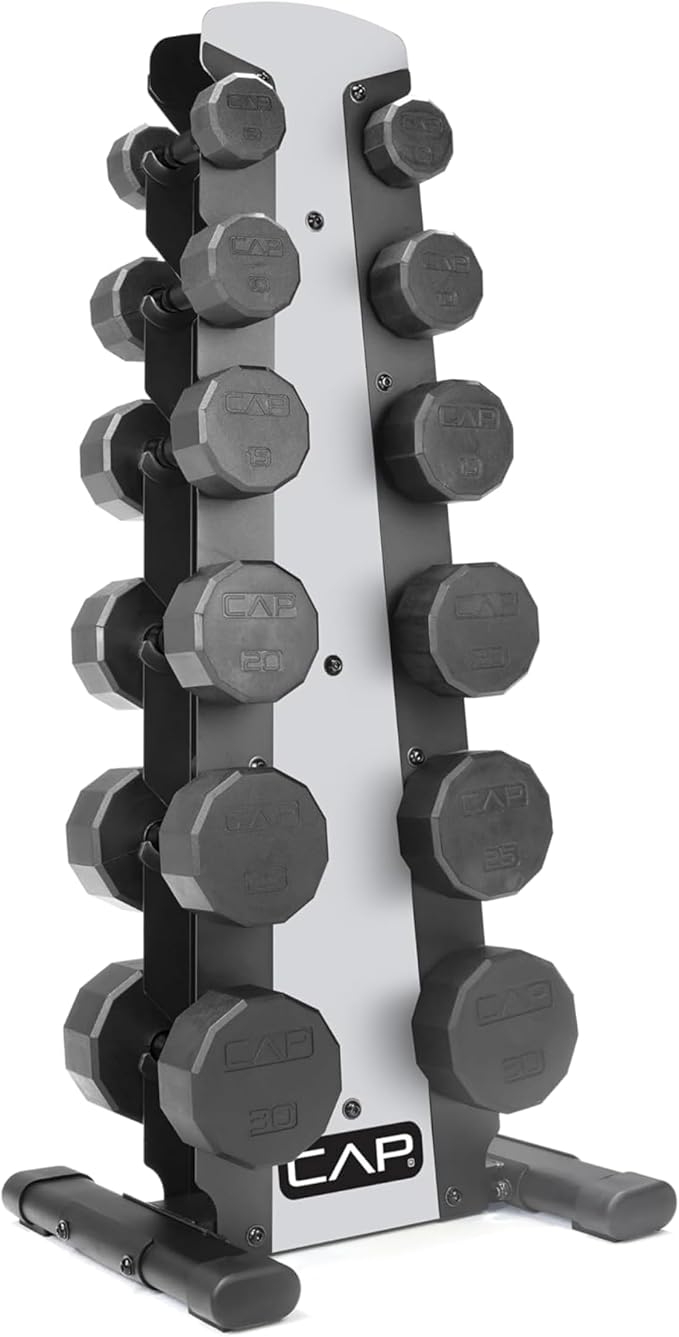 CAP Rubber Coated Hex Dumbbell Set with Storage Rack | 100–210 lb Options, Space-Saving Vertical Compact Storage for Home Gym Strength Training